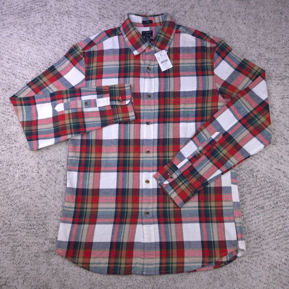 J Crew Flannel Shirt Mens Medium Slim Fit Plaid Red White Button Long Sleeve NWT